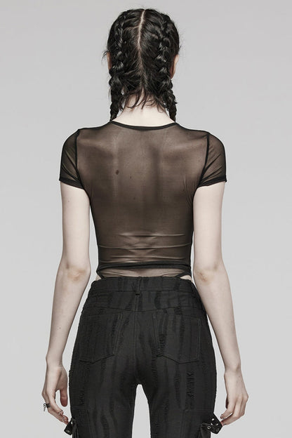 Black Short Sleeves Sheer Mesh Women's Punk Bodysuit