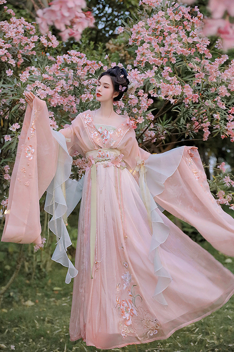 Gorgeous Embroidery With Pearl Accessories Women's Sweet Hanfu Dress Full Set 3 Colors