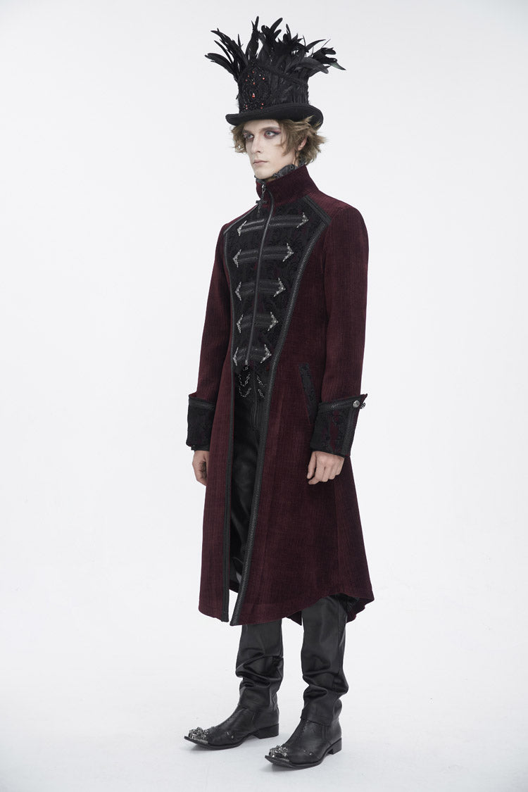 Red Stand Collar Long Sleeves Embroidery Slim Men's Gothic Coat