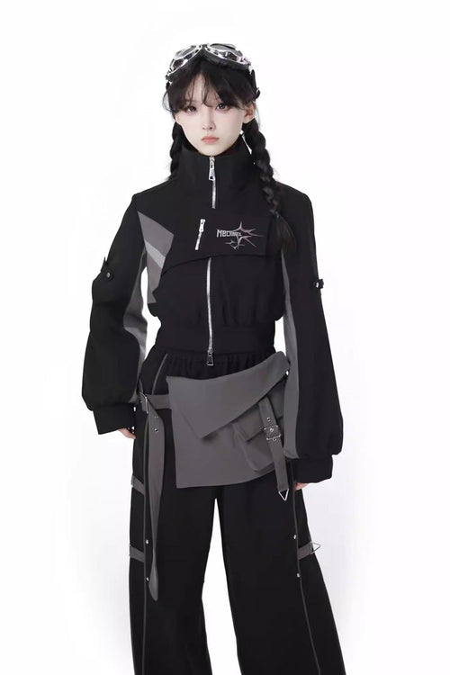 Black [Holographic Cruise] Techwear Long Sleeves Spliced Zippered Gothic Jirai Kei Pants and Short Coat Set