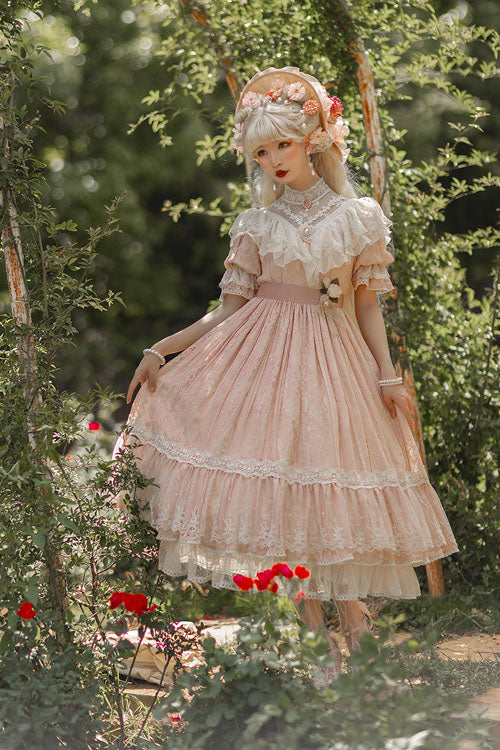 Elegant Vintage Rose Print Multi-Layer Ruffled Sweet Lolita OP Dress