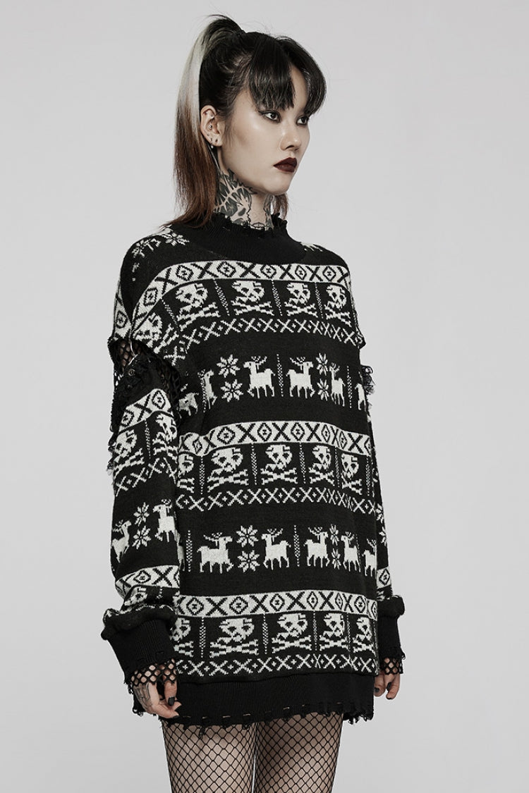 Black/White Stand Collar Long Sleeves Skull Deer Print Grunge Women's Gothic Loose Sweater