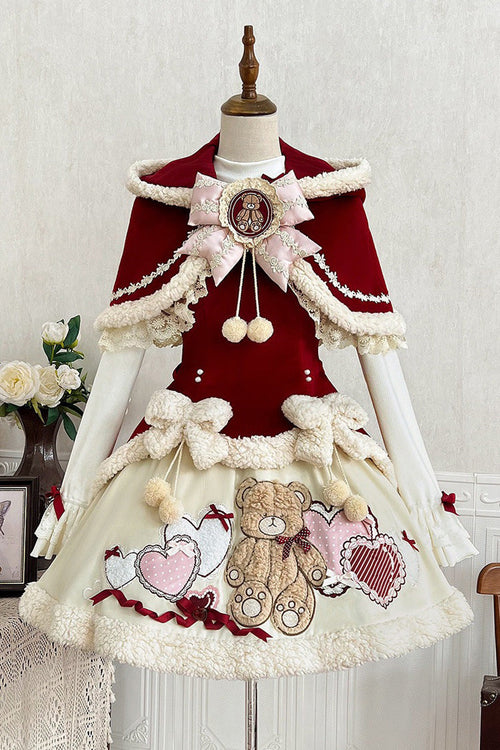 Red/Beige [Heart Bear] Embroidered Sweet Lolita Jsk Dress Set