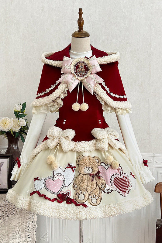 Red/Beige [Heart Bear] Embroidered Sweet Lolita Jsk Dress Set