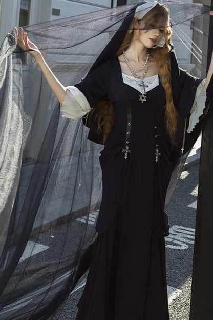 Black [Halloween Night Temple Nun] Short Sleeves Print Ruffle Gothic Elegant Lolita Dress