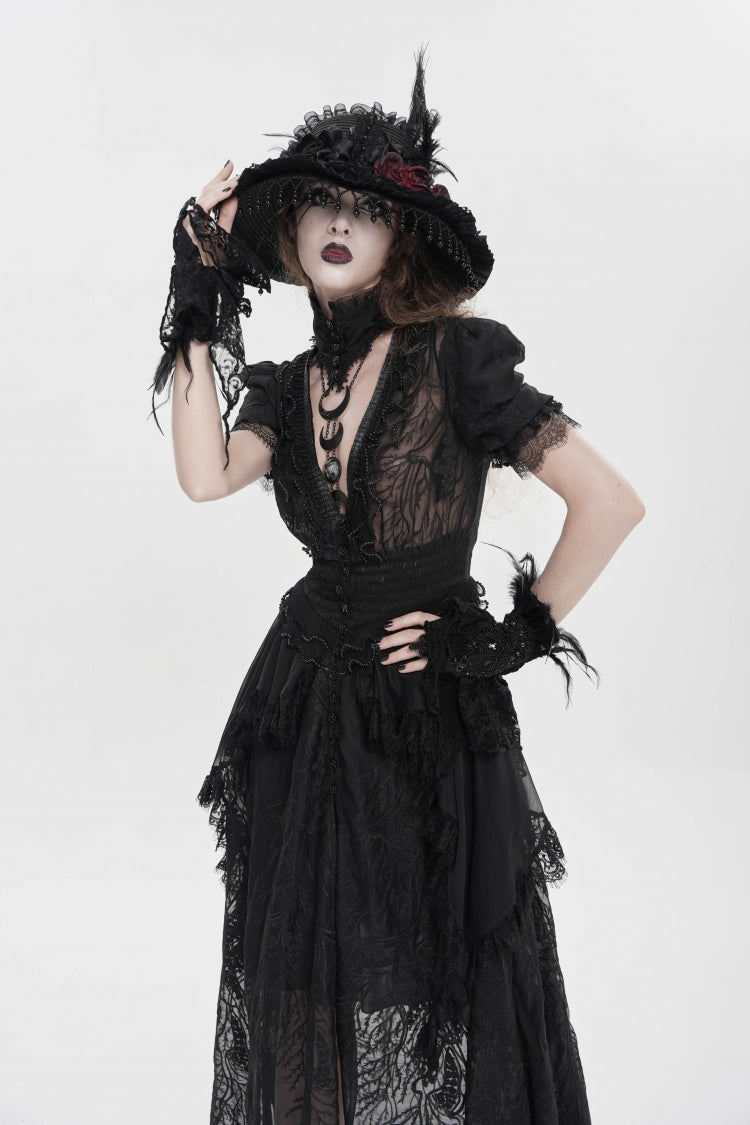 Black V Collar Short Sleeves Hanayome Lace Women's Gothic Wedding Dress