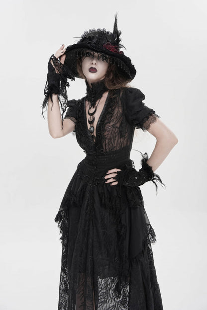 Black V Collar Short Sleeves Hanayome Lace Women's Gothic Wedding Dress