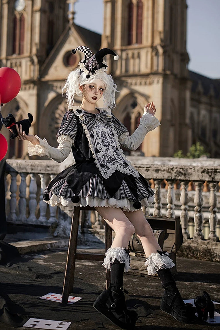 Black [Letters and Poems · Doll Mask] Poker Clown Long Sleeves Ruffled Bow Gothic Lolita Dress Set