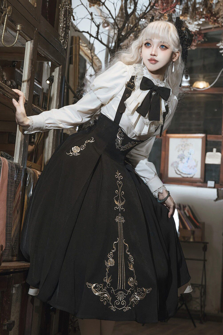 Black/White [Violin Variations] Ruffled Embroidered Gothic Lolita Jumper Dress Set