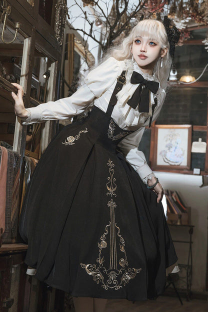 Black/White [Violin Variations] Ruffled Embroidered Gothic Lolita Jumper Dress Set