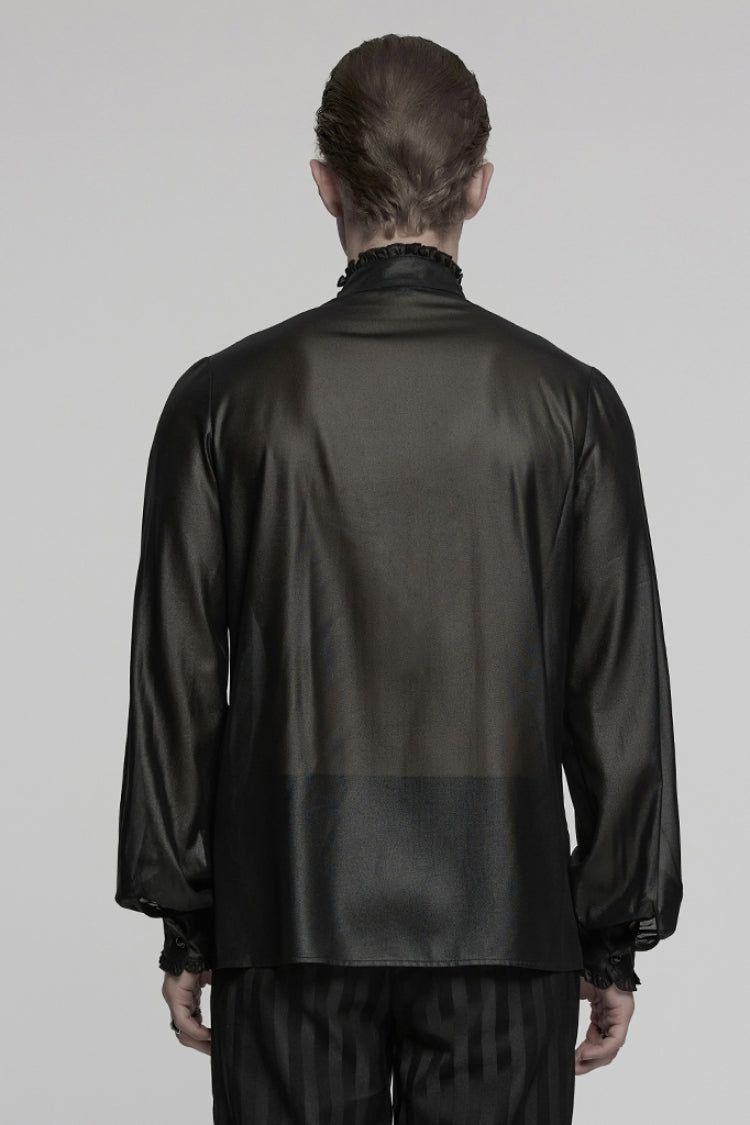 Black Stand Collar Long Sleeves Ruffle Embroidery Men's Gothic Blouse