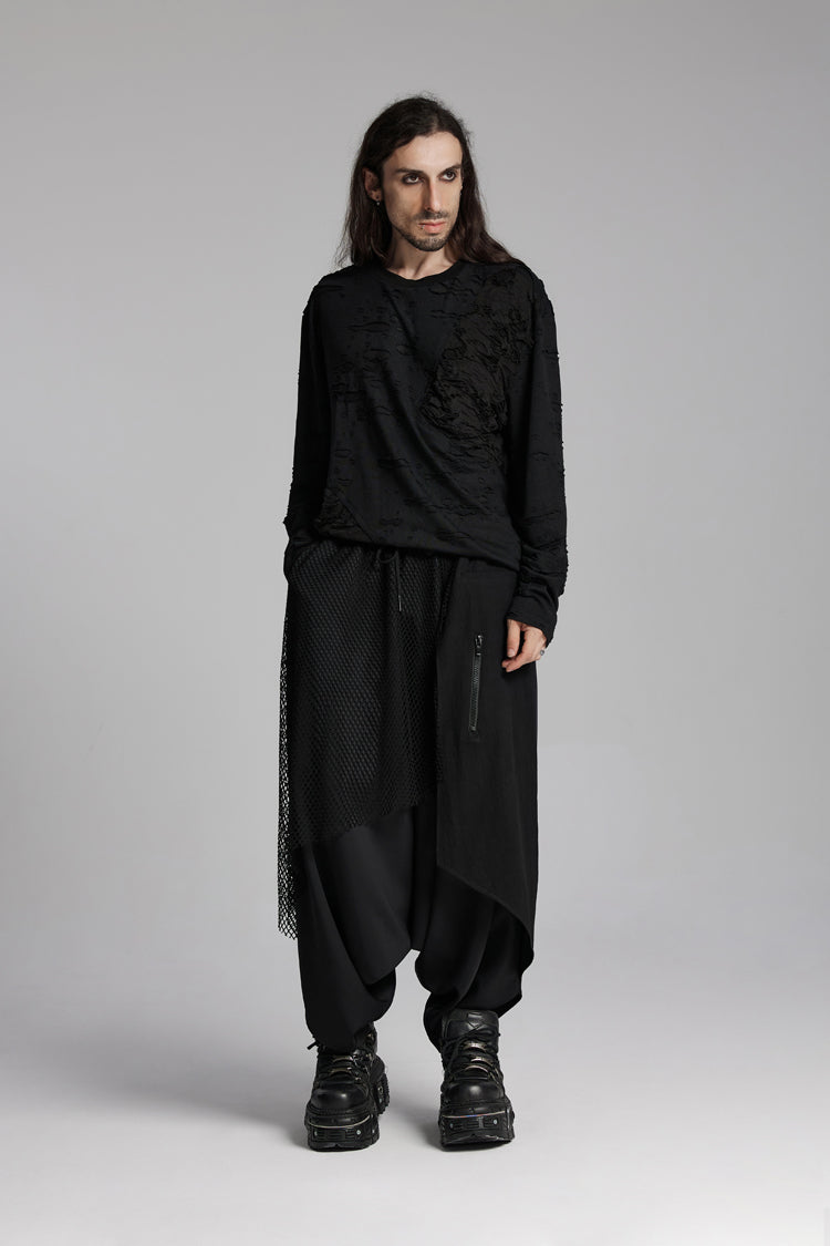 Black Round Collar Long Sleeves Ripped Mesh Men's Punk T-Shirt