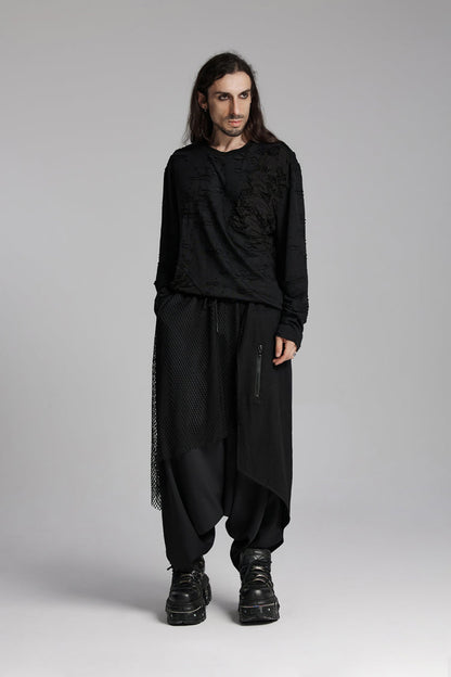 Black Round Collar Long Sleeves Ripped Mesh Men's Punk T-Shirt