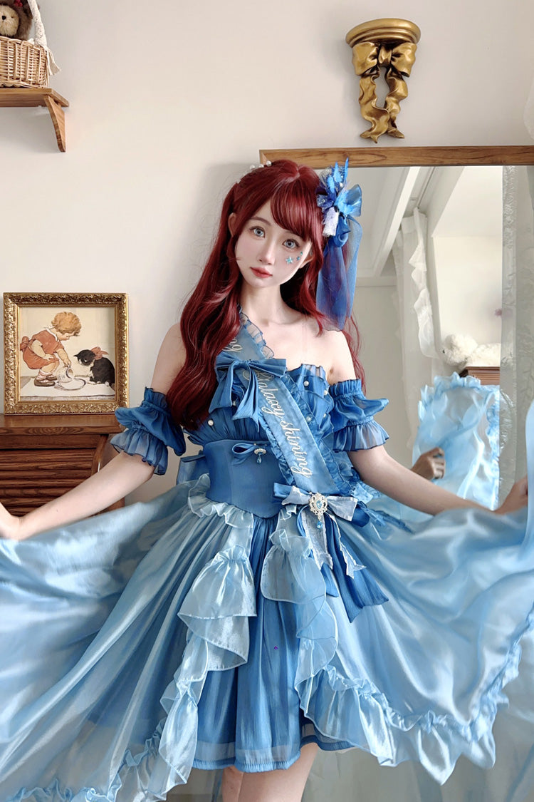 Blue [Mermaid Princess] Ruffle Hanayome Bowknot Sweet Elegant Lolita Jsk Dress Set