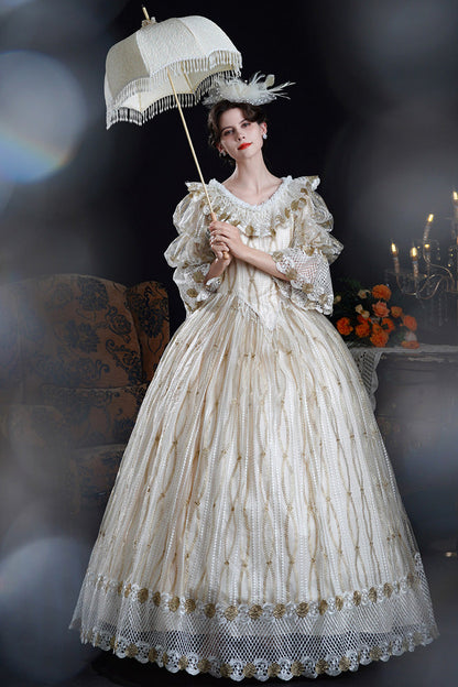 Champagne Long Puff Sleeves Ruffled Cut-Out Mesh Classic Vintage Palace Lolita Victorian Dress
