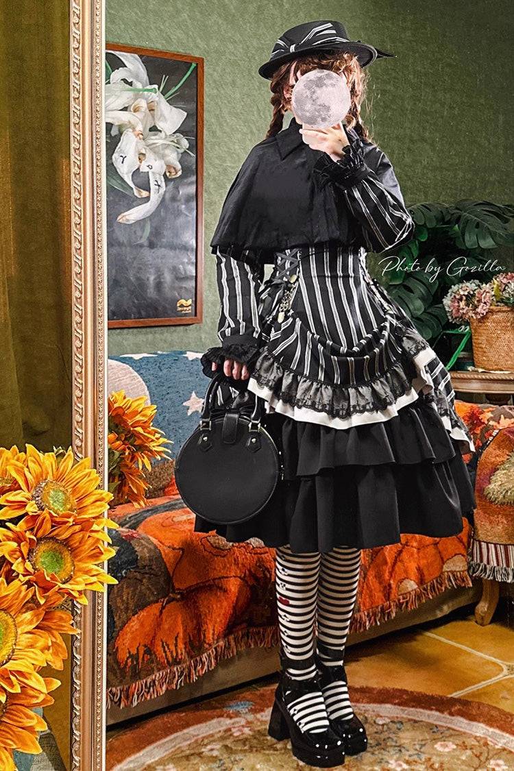 Black Stand Collar Long Sleeves Multi-layer Striped Print Ruffle Gothic Lolita Dress