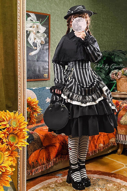Black Stand Collar Long Sleeves Multi-layer Striped Print Ruffle Gothic Lolita Dress