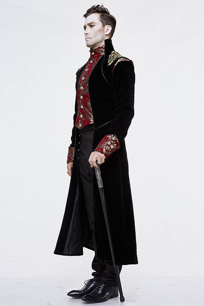 Gothic Jacquard Stand Collar Embroidery Mens Long Coat