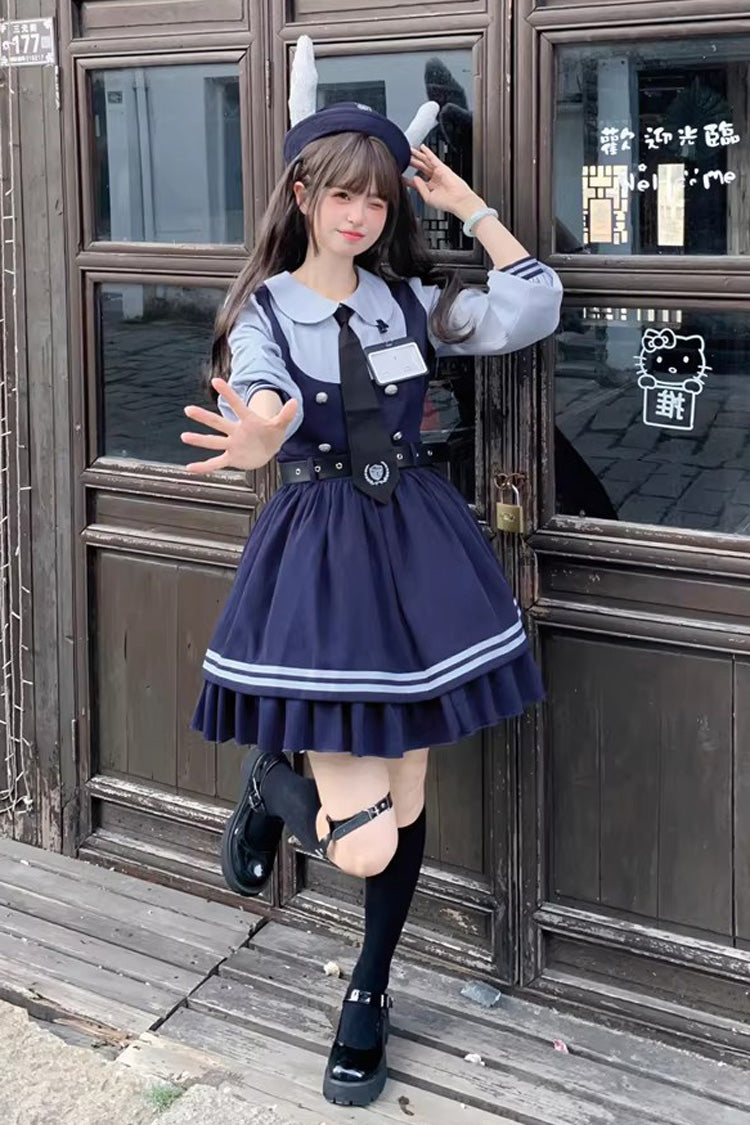 Blue [Rabbit Officer] Long Sleeves Printed Ruffled Faux Two-Piece College Style Sweet Lolita Dress