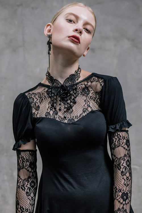 Black Sexy Mid-Length Patterned Lace Modal Women Gothic T-Shirt With Necklace