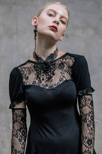 Black Sexy Mid-Length Patterned Lace Modal Women Gothic T-Shirt With Necklace