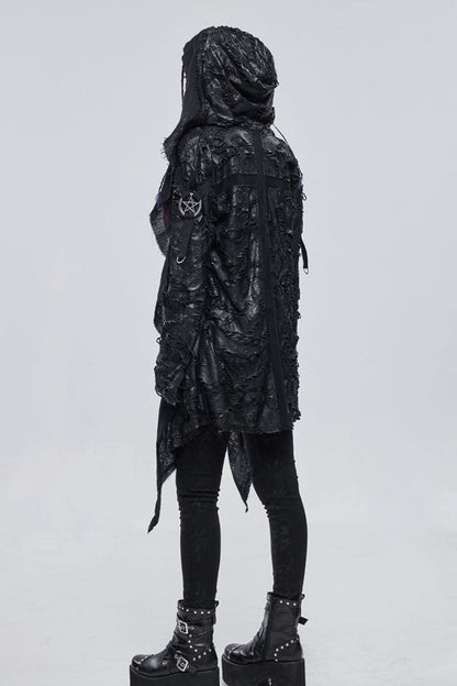 Black Punk Diablo Hole Design Cross Shape Stitching Transparent Mesh Metal Decoration Knitted Women's Coat