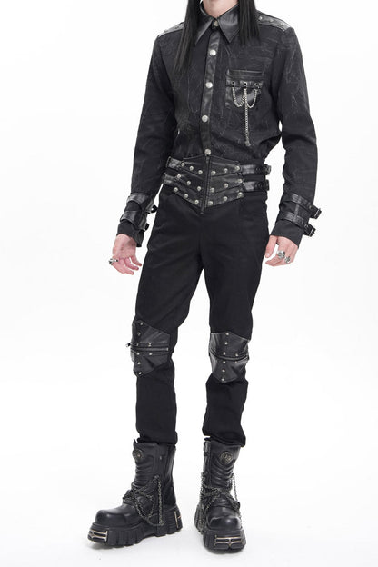 Black Stitching Buckle-up Studs Men's Gothic Pants