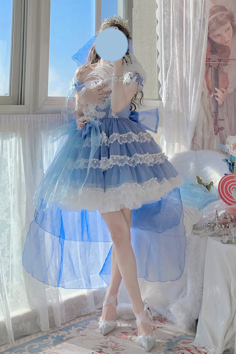 Blue Multi-Layered Ruffled Hanayome Bow Pearl-Decorated Sweet Lolita Jsk Dress Full Set 2 Versions