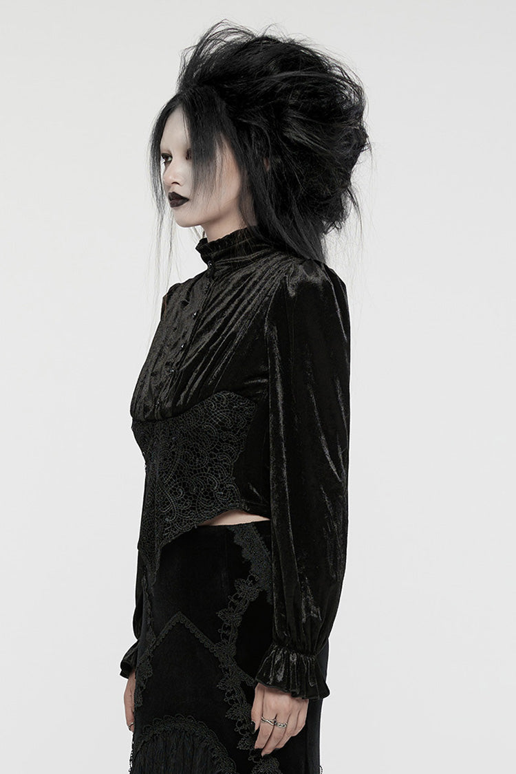 Black Stand Collar Irregular Pleated Velvet Women's Gothic Blouse
