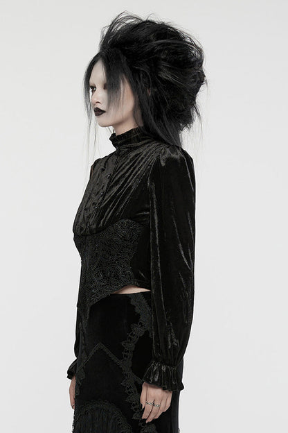 Black Stand Collar Irregular Pleated Velvet Women's Gothic Blouse