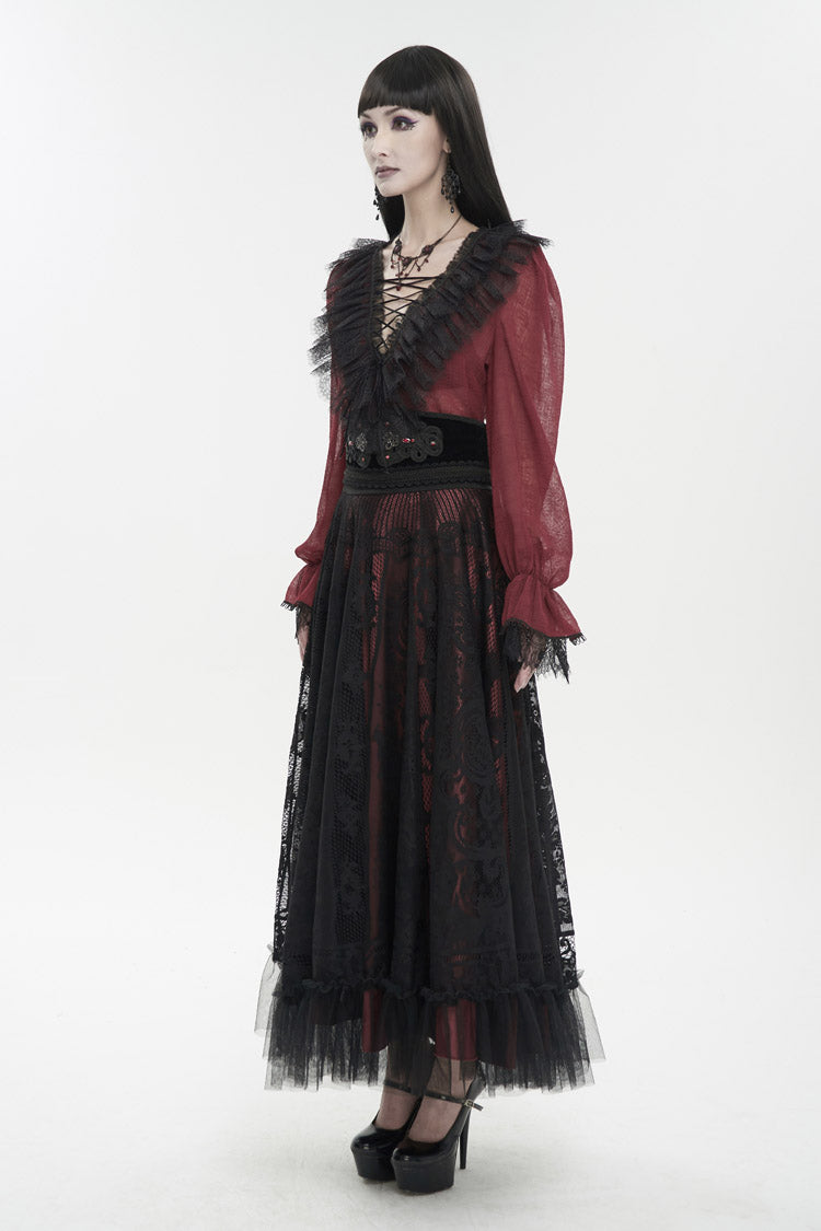 Red Thin Waist Plaid Stitching Layered Lace Long Sleeves Women's Gothic Shirt