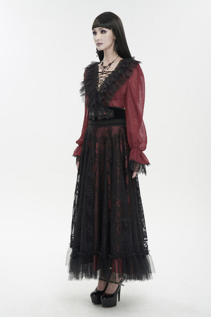 Red Thin Waist Plaid Stitching Layered Lace Long Sleeves Women's Gothic Shirt