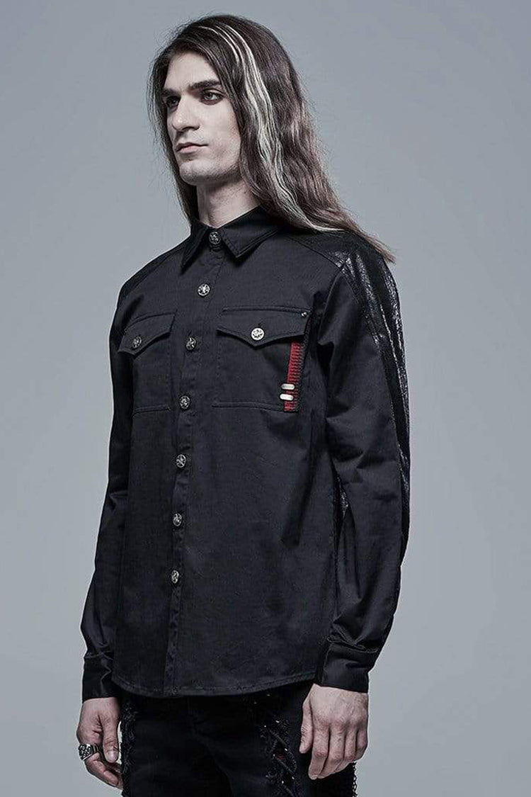 Black Punk Ribbon Decoration Front Metal Skull Button Spliced Men's Shirt