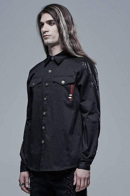 Black Punk Ribbon Decoration Front Metal Skull Button Spliced Men's Shirt