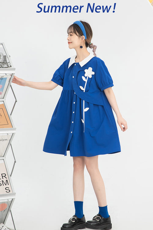 Blue Lapel Collar Short Sleeve High Waist Single Breasted Sweet Lolita Dress