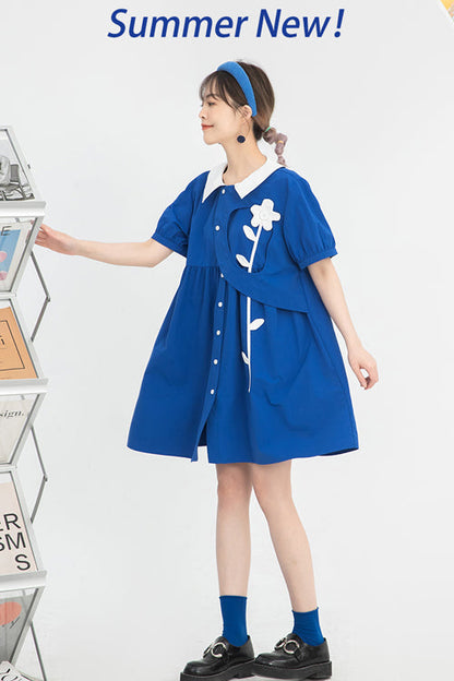 Blue Lapel Collar Short Sleeve High Waist Single Breasted Sweet Lolita Dress