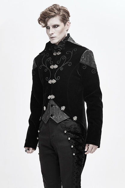 Black Vintage Fake Two Pieces Embroidered Velvet Gothic Mens Coat