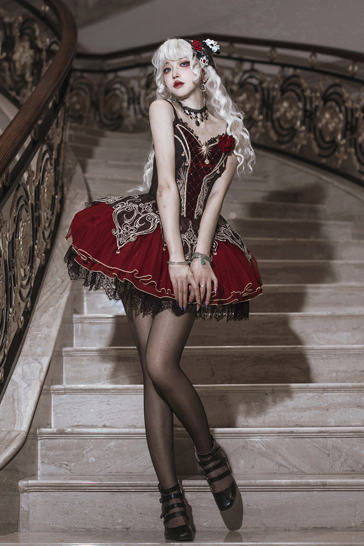 Black/Red [Blood Clan Feast] Ruffle Embroidery Lace Gothic Lolita Jsk Dress Set