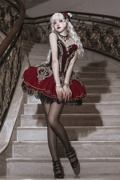 Black/Red [Blood Clan Feast] Ruffle Embroidery Lace Gothic Lolita Jsk Dress Set