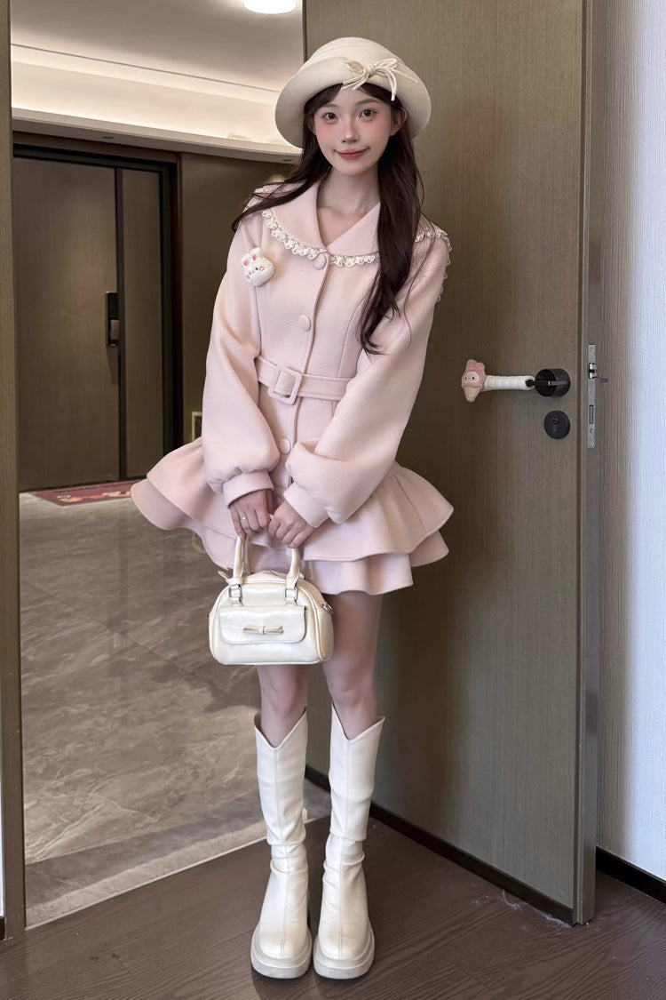 Pink [Berry Champagne] Doll Collar Long Sleeves Double-Layered Ruffled Sweet Princess Lolita Wool-blend Coat