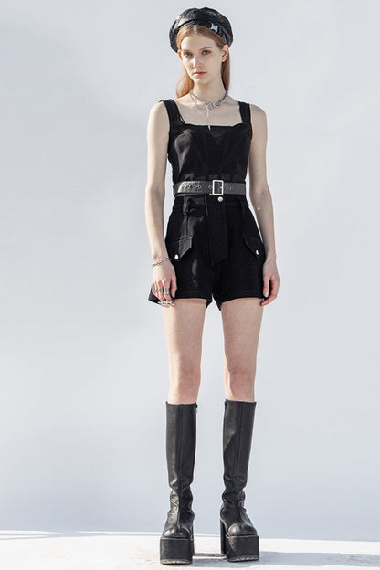 Black Square Collar Belt Rectangle Buckle Women's Punk Vest