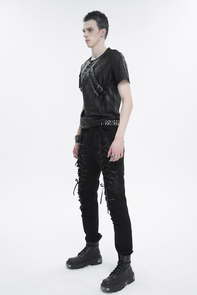 Black Vintage Print Buckle Splice Faux Leather Men's Punk T-Shirt