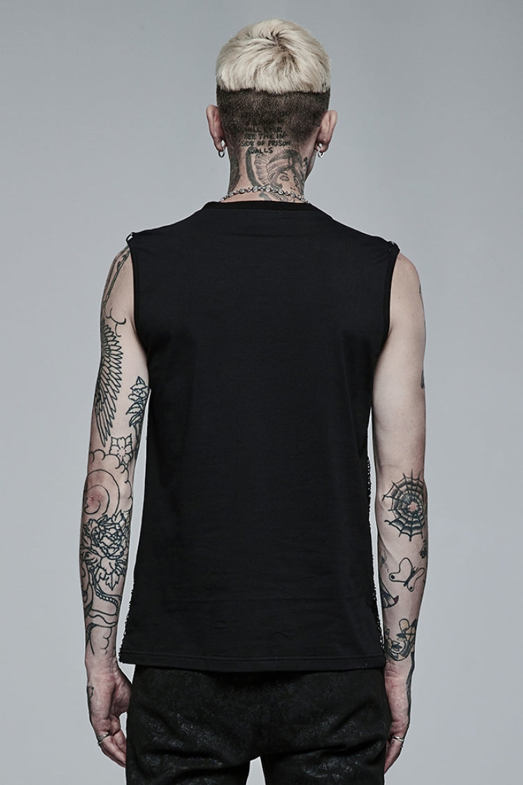 Black Sleeveless Stitching Mesh Buckle Men's Steampunk Vest
