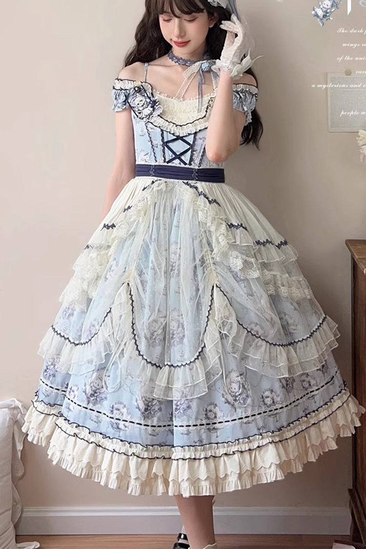 Blue [Swing Cat] Print Ruffle Bowknot Lace Sweet Elegant Lolita Jsk Dress