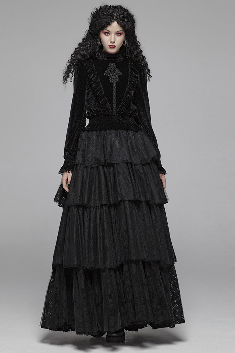 Black Stand Collar Long Sleeves Embroidery Floral Lace Women's Gothic Tops