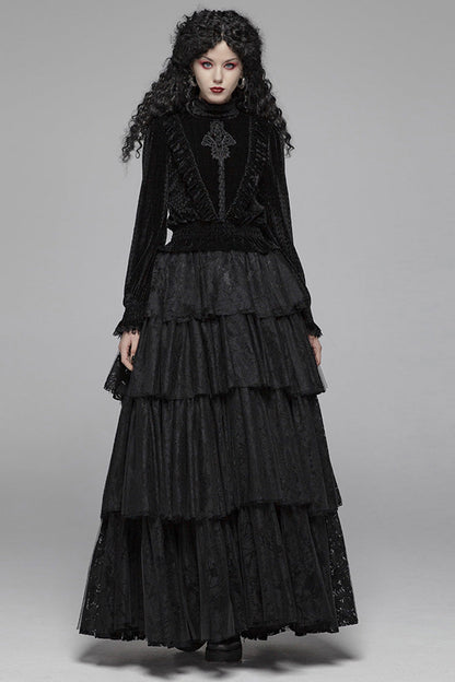 Black Stand Collar Long Sleeves Embroidery Floral Lace Women's Gothic Tops