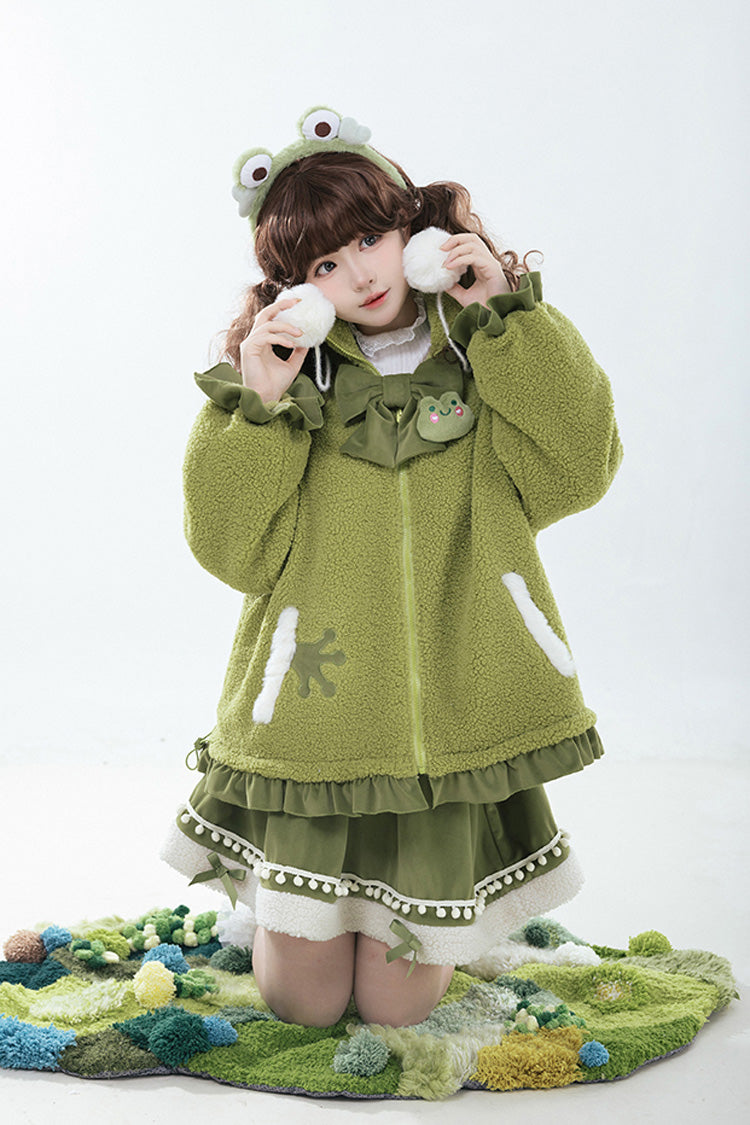 Green [Frog] Long Sleeves Bowknot Hooded Sweet Lolita Coat