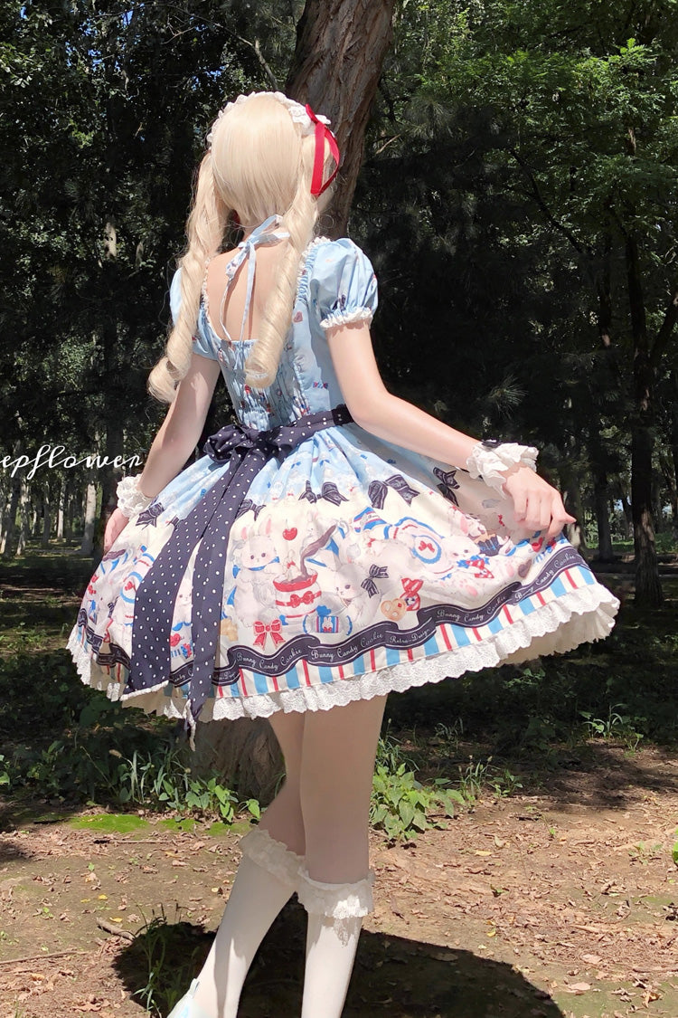 Blue [Mystery Rabbit Tea Party] Square Collar Short Sleeves Print Ruffle Bowknot Lace Sweet Lolita Dress
