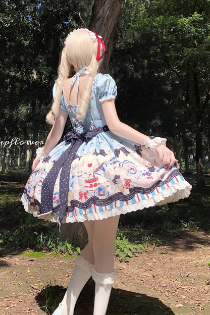 Blue [Mystery Rabbit Tea Party] Square Collar Short Sleeves Print Ruffle Bowknot Lace Sweet Lolita Dress