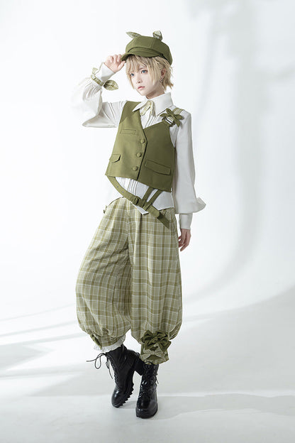 Matcha Green Plaid Pants Secret Morning Post Series Cute and Handsome Ouji Lolita Vest